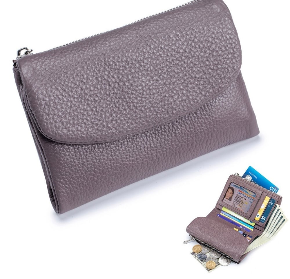 Cartera de piel compacta con protección RFID y doble compartimento para monedas — Morado taro
