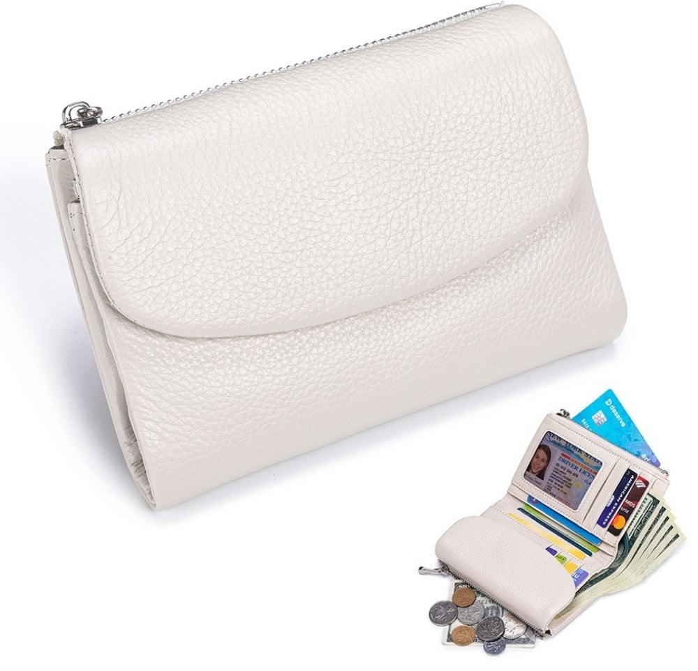 Cartera de piel compacta con protección RFID y doble compartimento para monedas — Blanco