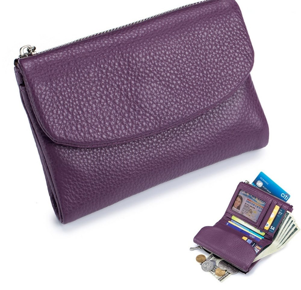 Cartera de piel compacta con protección RFID y doble compartimento para monedas — Lila claro