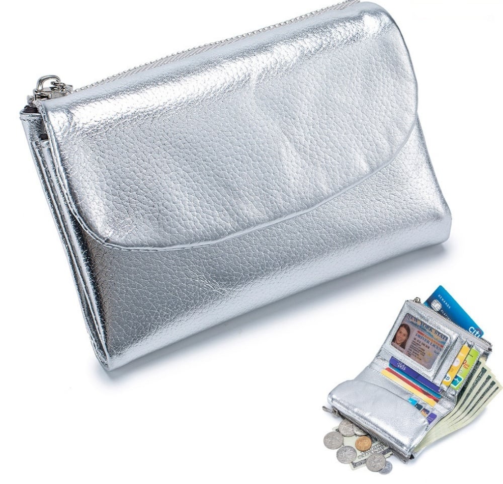 Cartera de piel compacta con protección RFID y doble compartimento para monedas — Plata