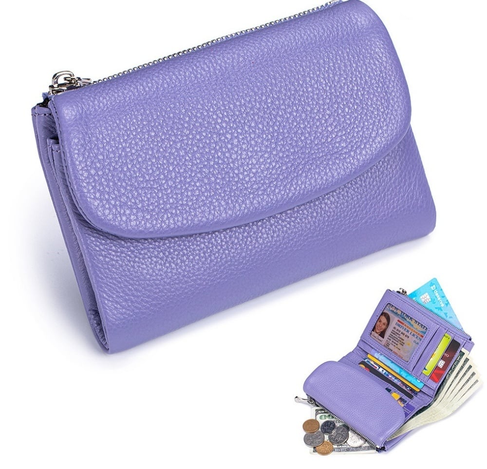 Cartera de piel compacta con protección RFID y doble compartimento para monedas — Lavanda