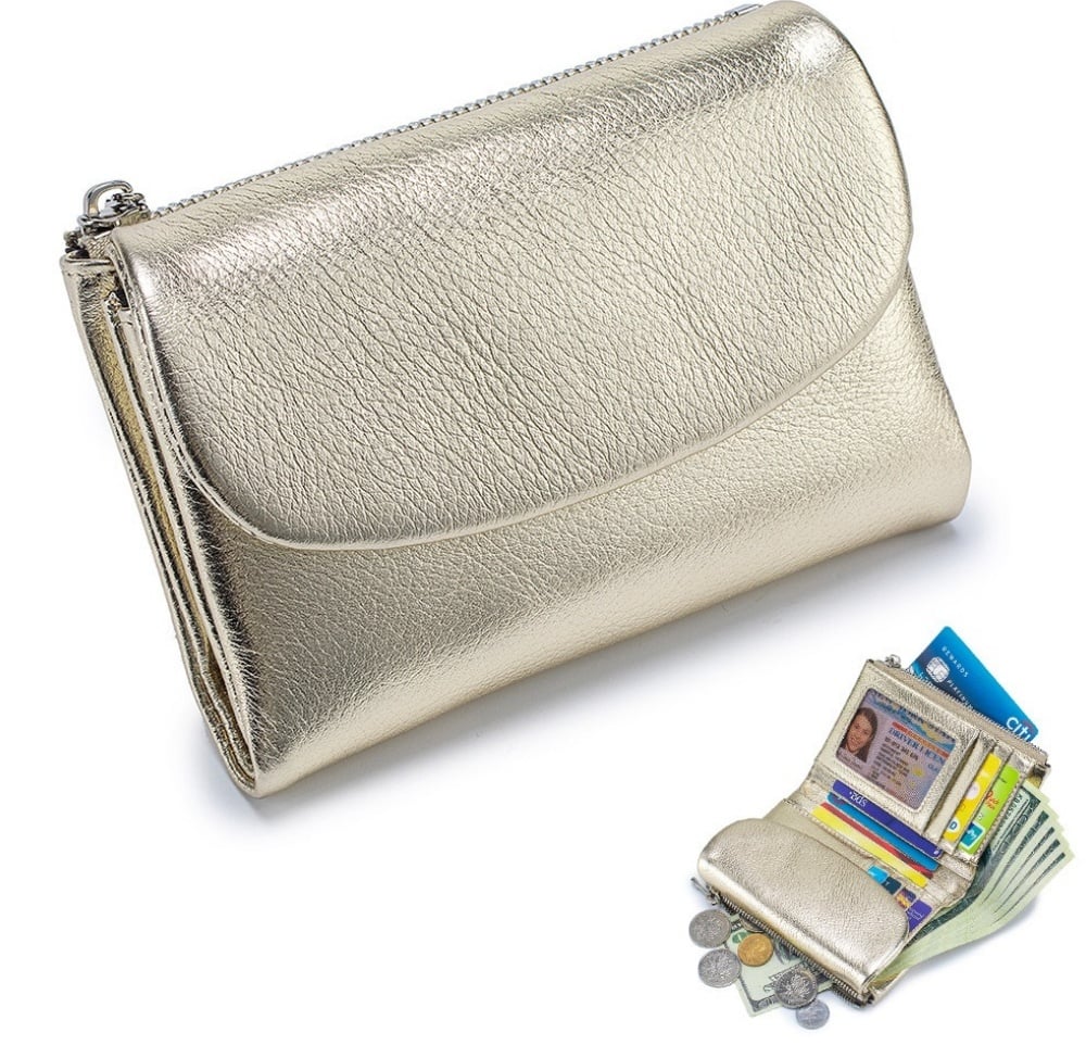 Cartera de piel compacta con protección RFID y doble compartimento para monedas — Dorado