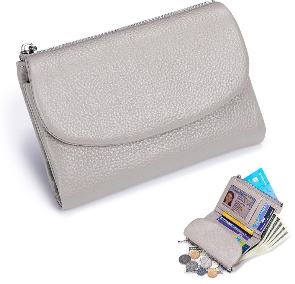 Cartera de piel compacta con protección RFID y doble compartimento para monedas — Gris