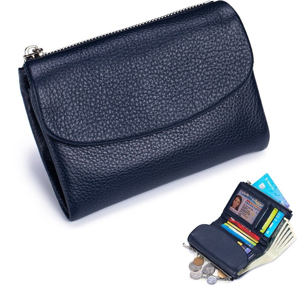 Cartera de piel compacta con protección RFID y doble compartimento para monedas — Azul marino