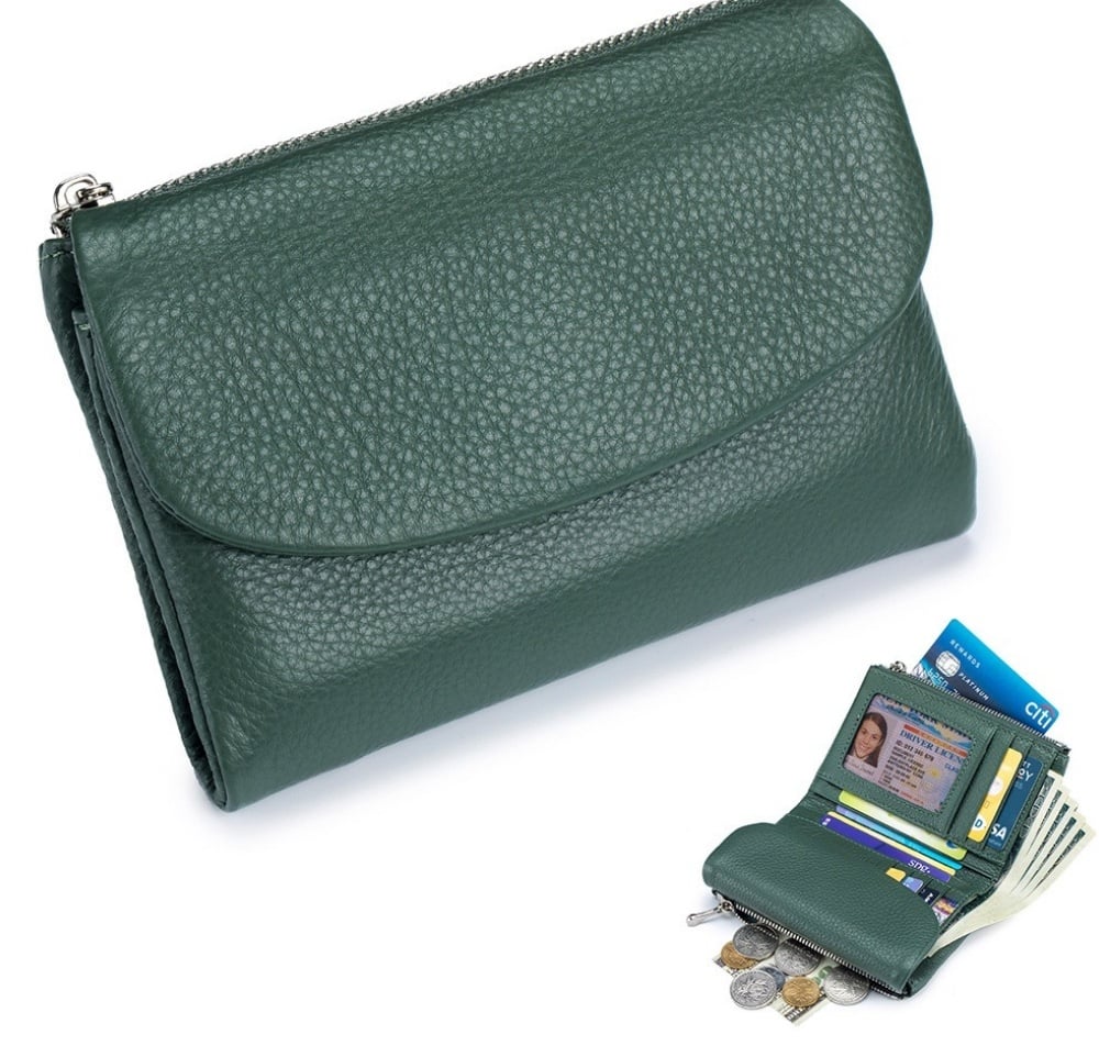 Cartera de piel compacta con protección RFID y doble compartimento para monedas — Verde