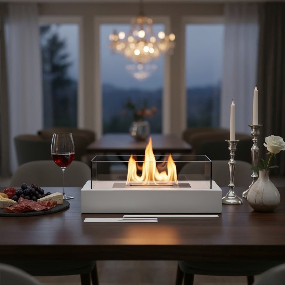 Chimenea de mesa rectangular premium de bioetanol - vidrio de borosilicato y acero de alta calidad