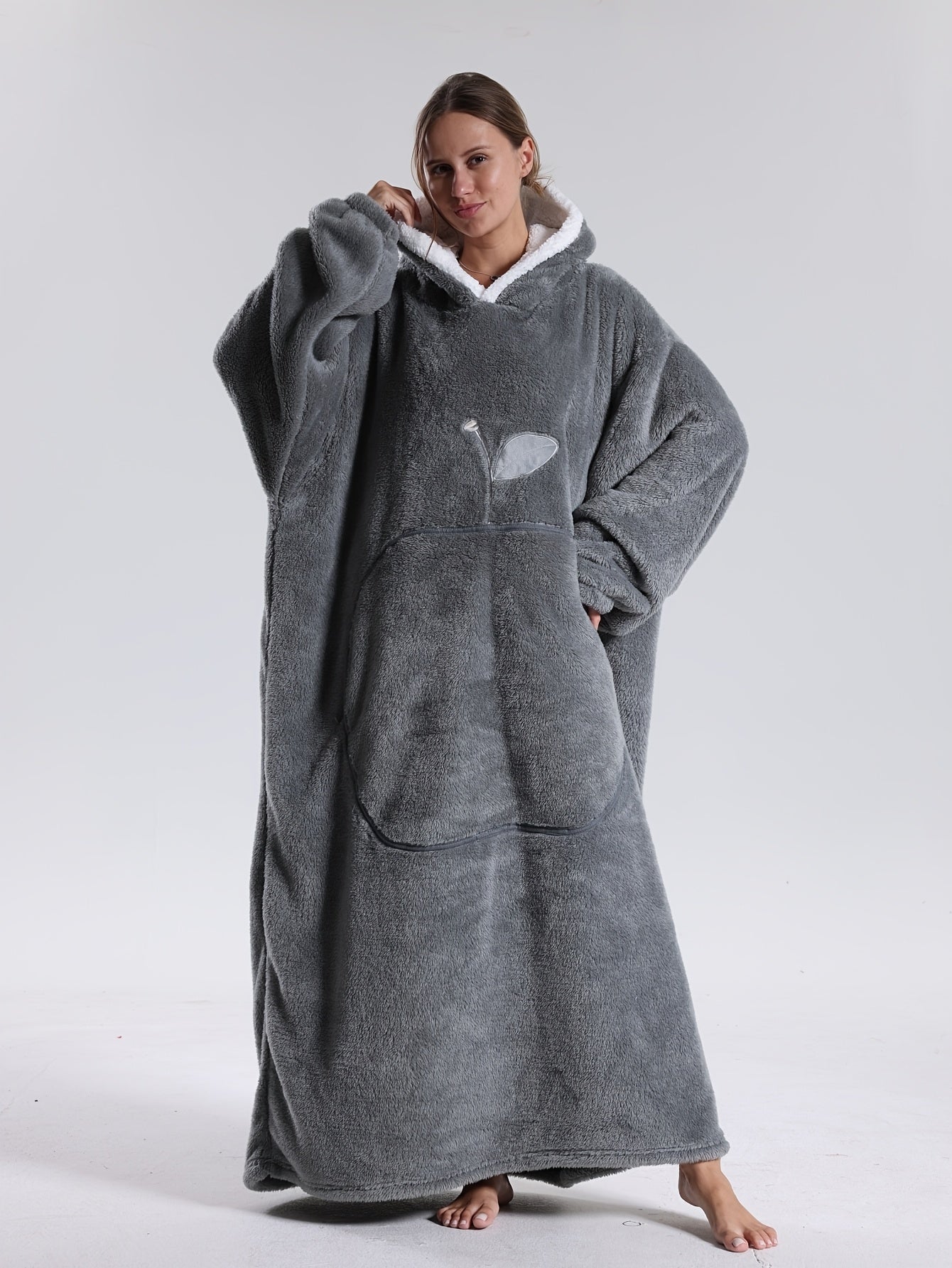 Manta con capucha y mangas tipo sudadera 140 cm poliéster lavable 8 colores — Gris