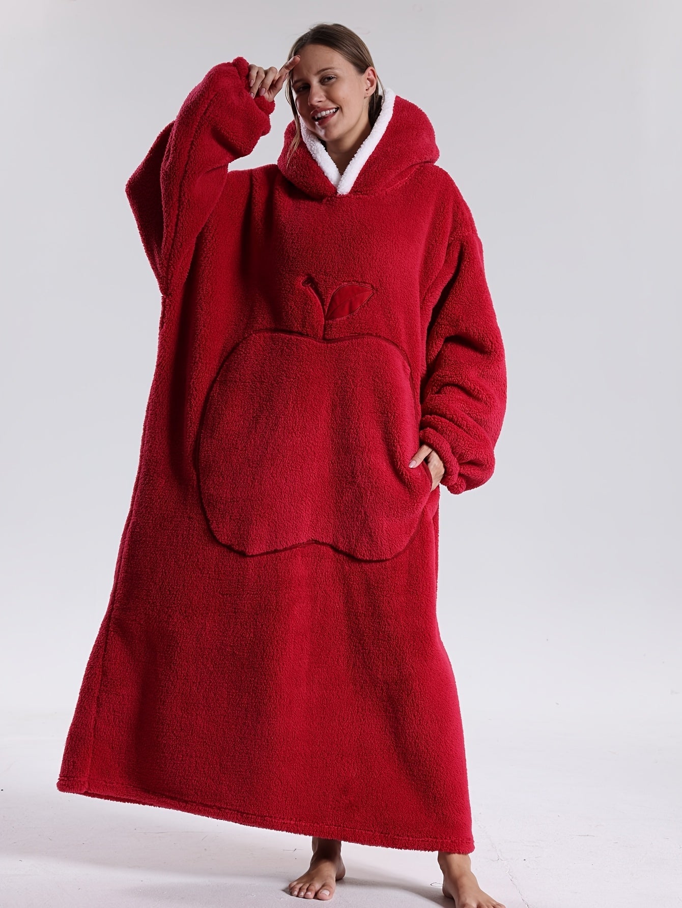 Manta con capucha y mangas tipo sudadera 140 cm poliéster lavable 8 colores — Rojo