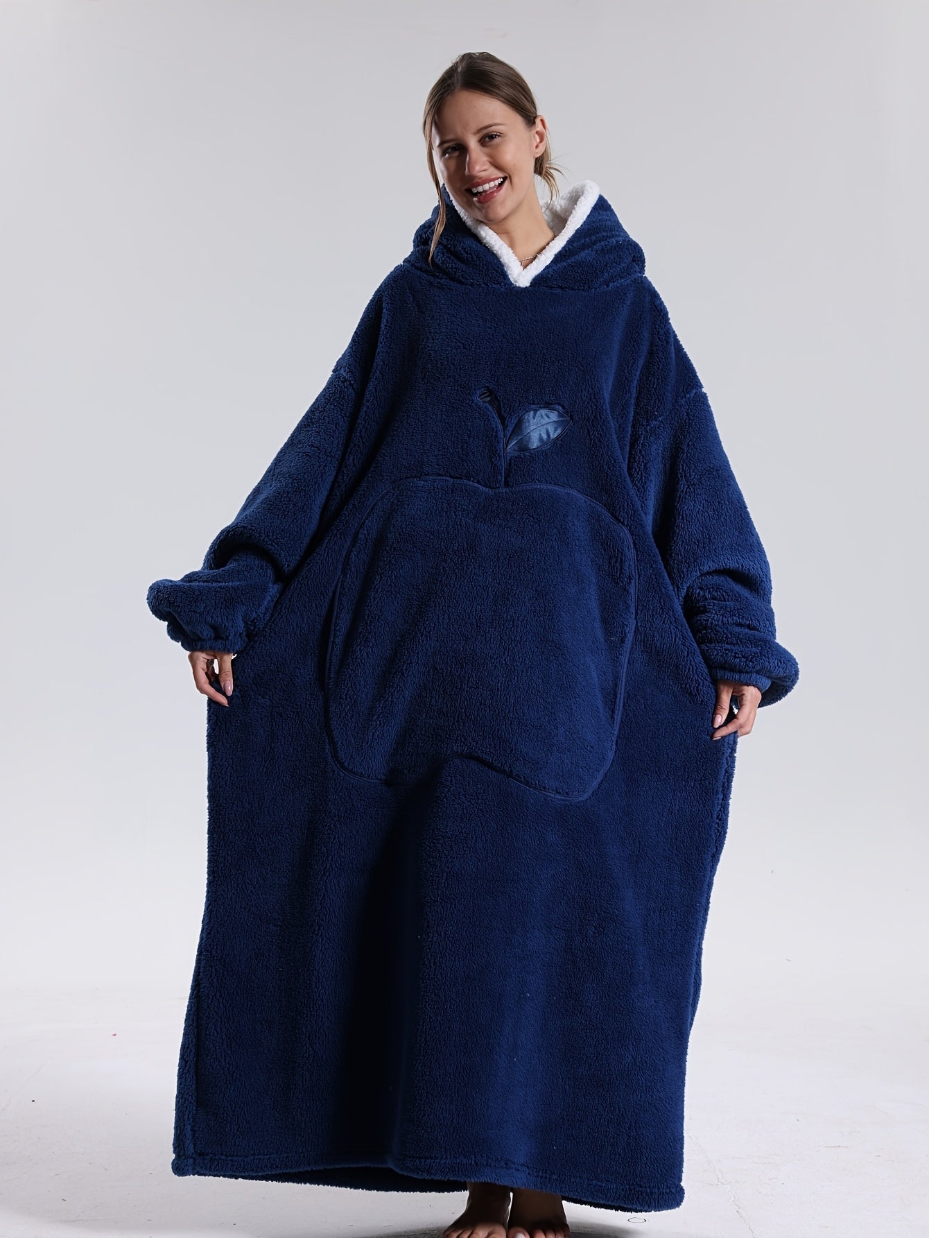 Manta con capucha y mangas tipo sudadera 140 cm poliéster lavable 8 colores — Azul marino